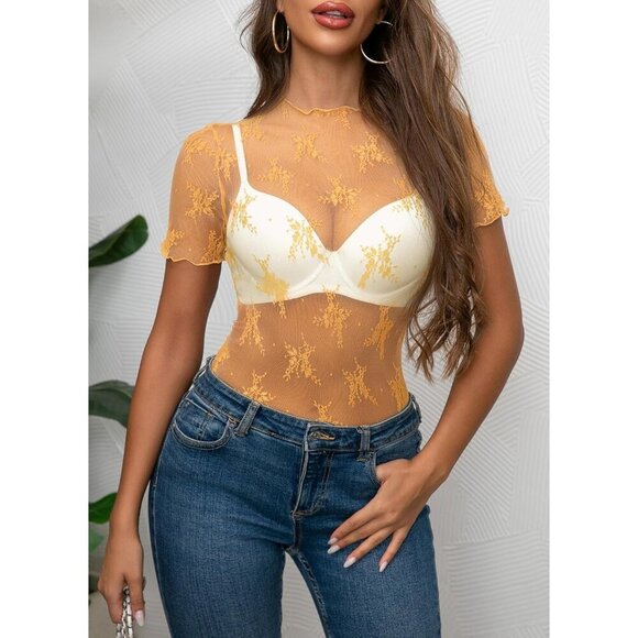 🆕Women’s Yellow Mesh Sheer Top Long Sleeve Mock Neck Lace Floral Blouse - Picture 2 of 6